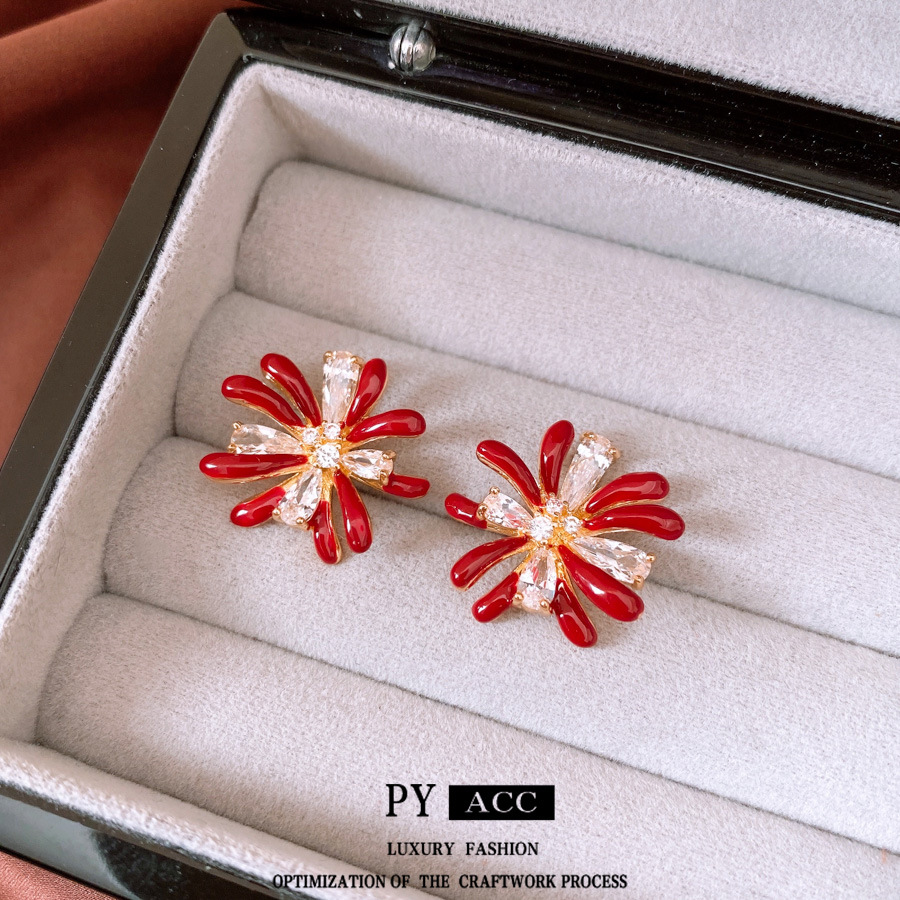 18k gold-plated silver needle flower and firework earrings New Year's fashionable and elegant earrings for women with a touch of luxury