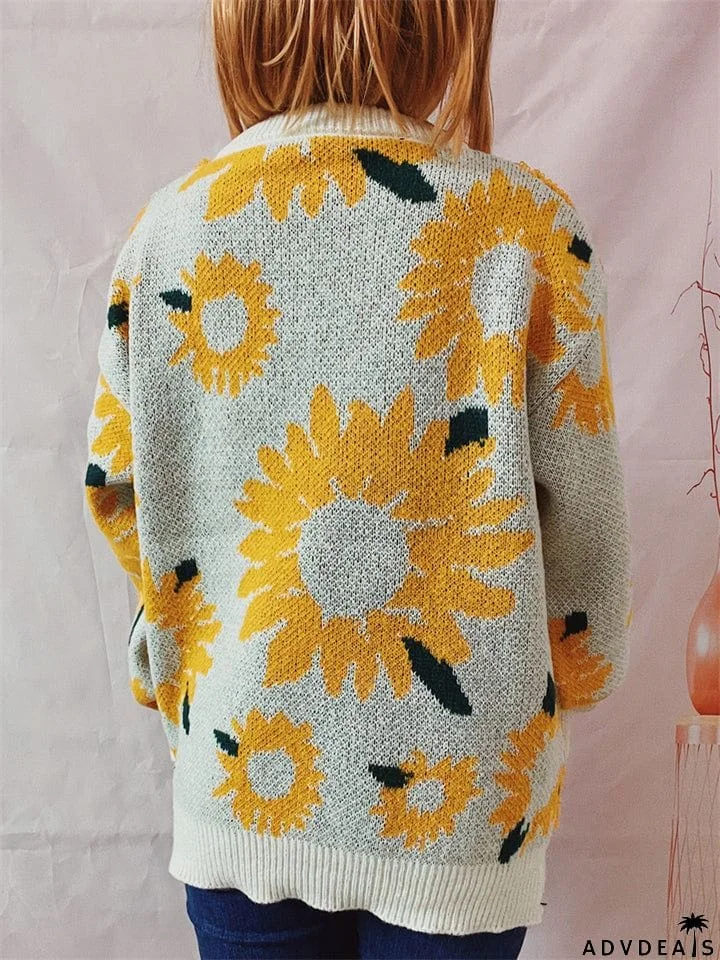 Female Sunflower Crew Neck Pullover Knit Sweater