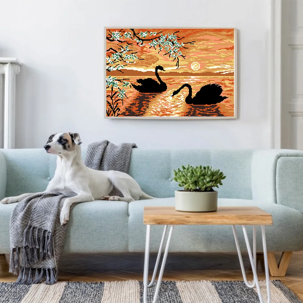 9CT Full Cross Stitch Bead Embroidery - Swan Lake(Canvas|50*36CM)