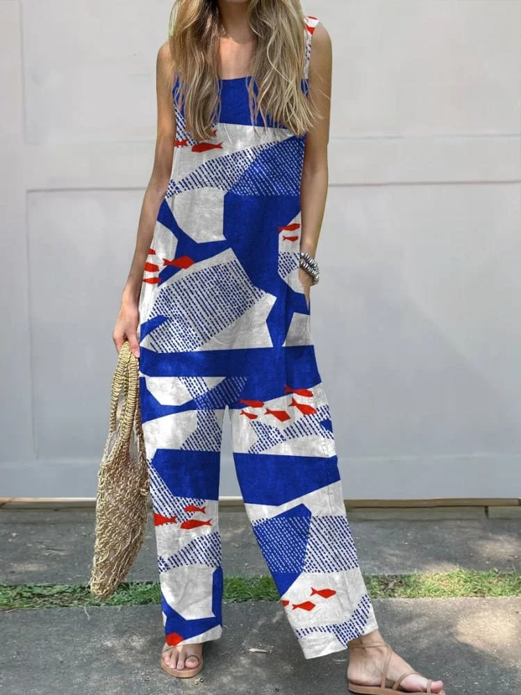 Women's  Retro Fish  Art  Print Casual 100% Cotton Wide Leg Jumpsuit