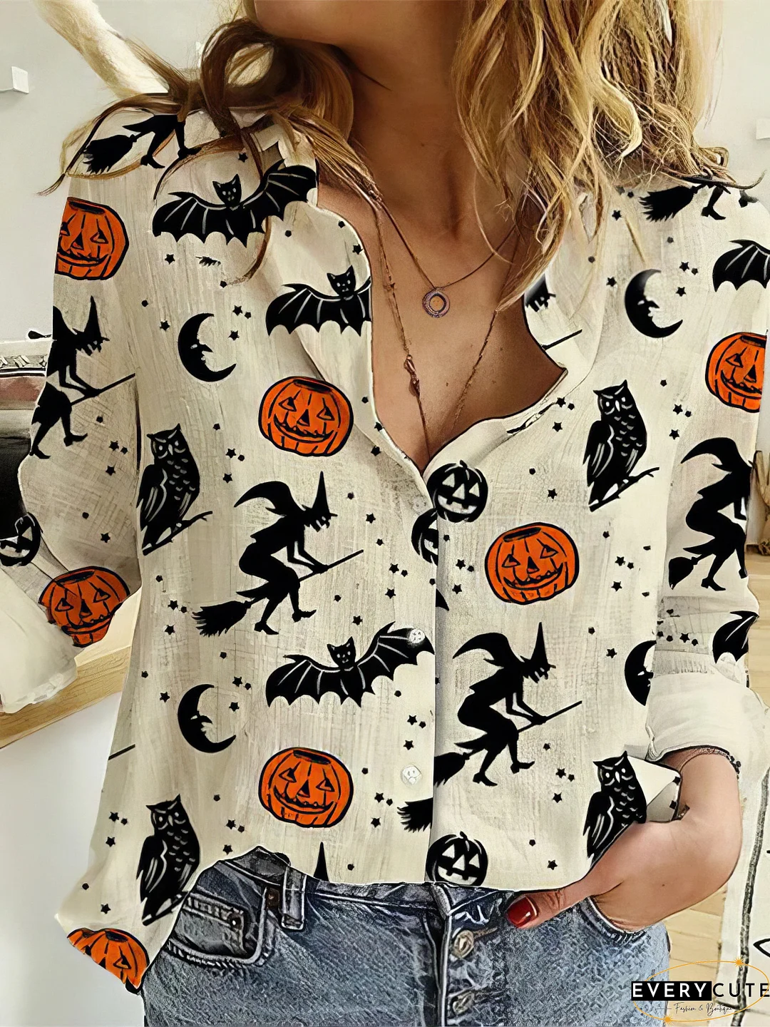 Women's Halloween Print Long Sleeve Button-Down Top