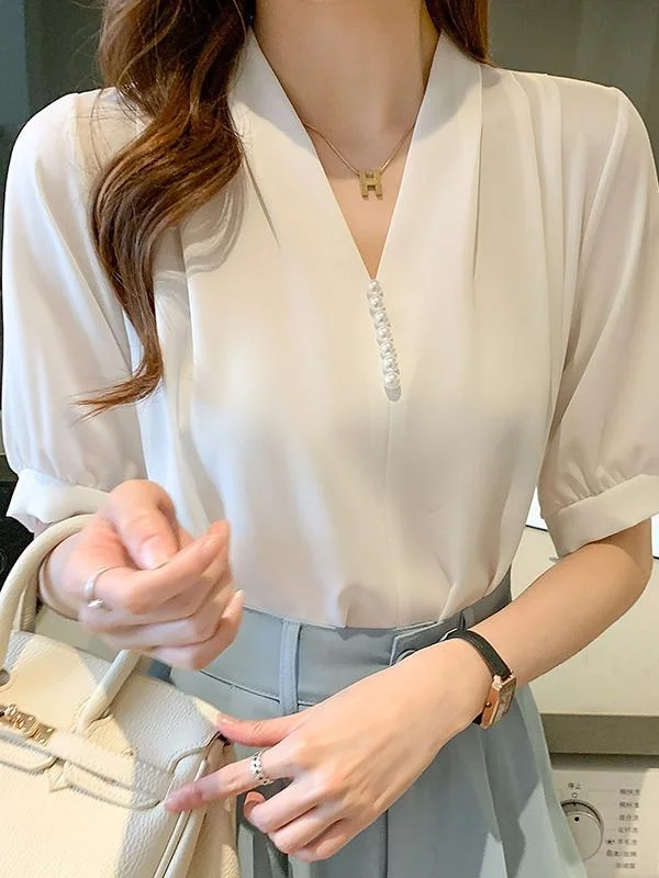 Chiffon Short Sleeve Fashion Beaded V-Neck Puff Sleeve Shirt