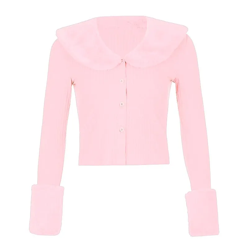 Artsu Ribbed Knitted Cardigans Sweaters With Fur Trim Collar Long Sleeve Slim Autumn Winter Jumpers Women Knitwear Chic 42015