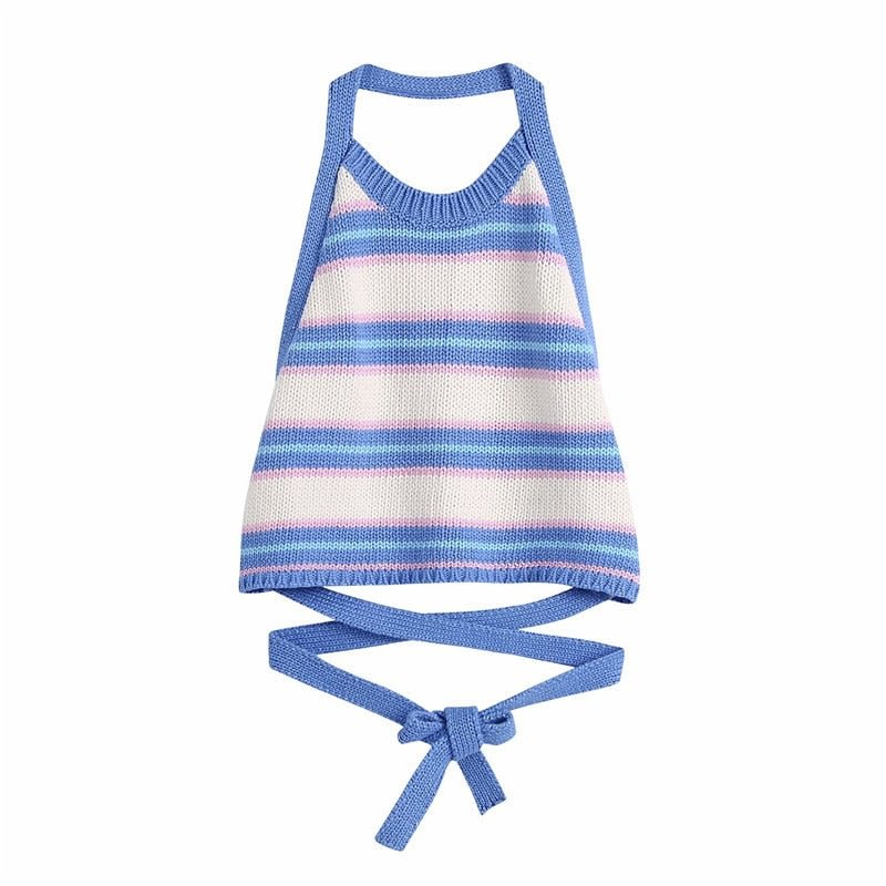 KPYTOMOA Women 2021 Sweet Fashion Striped Crop Knitted Tank Tops Vintage Halter Neck Backless Bow Tied Female Camis Mujer