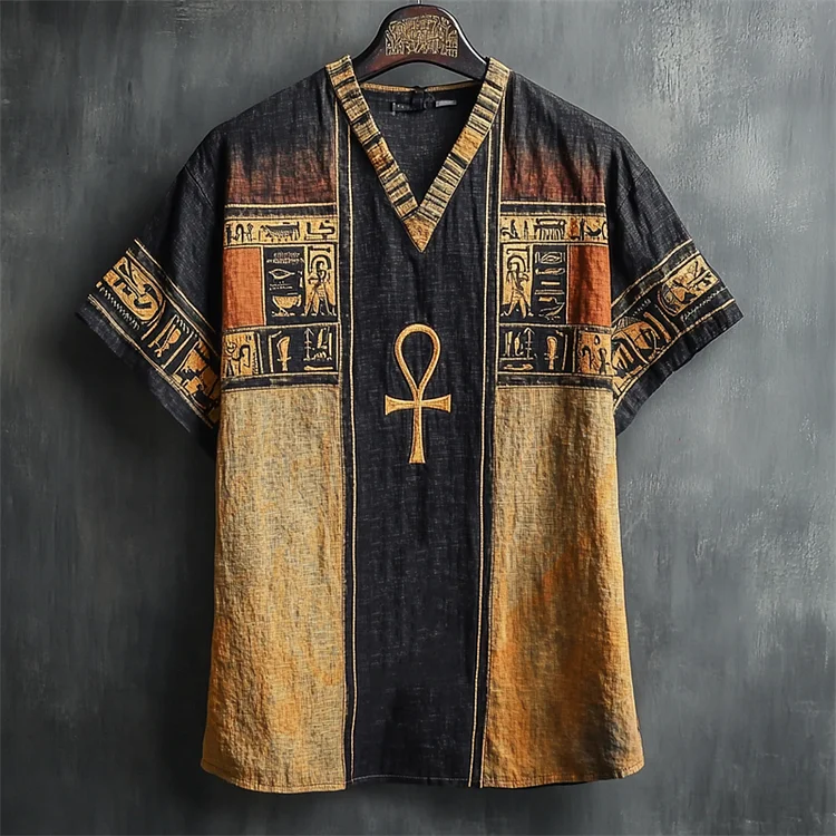 Ankh Embroidered Ancient Egyptian Dyed Contrast Linen Shirt