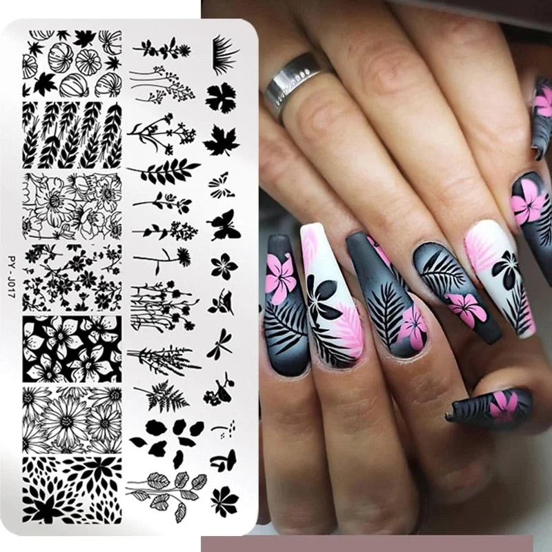 PICT YOU Flower Nail Stamping Plates Line Pictures Nail Art Plate Stamp Template Marble Leaves Image Printing Plates Nail Tools