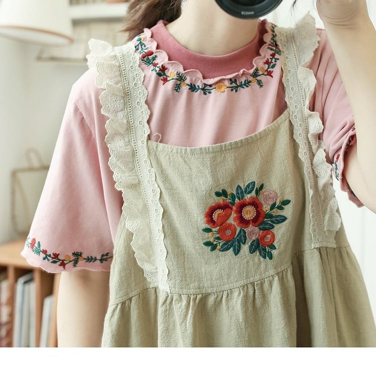 Queenfunky cottagecore style Cute Embroidered Cotton T Shirt QueenFunky