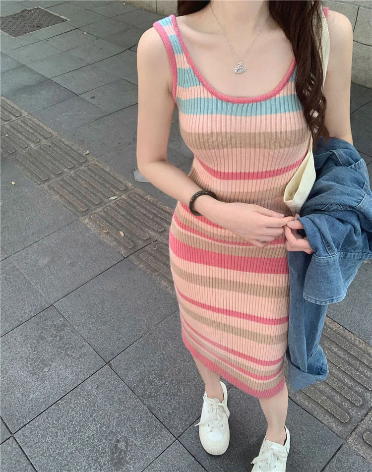 Uveng Uveng Dopamine Striped Knitted Sling Dress Autumn New Korean Version Of The Famous Mid-Long Waistcoat Skirt Trend