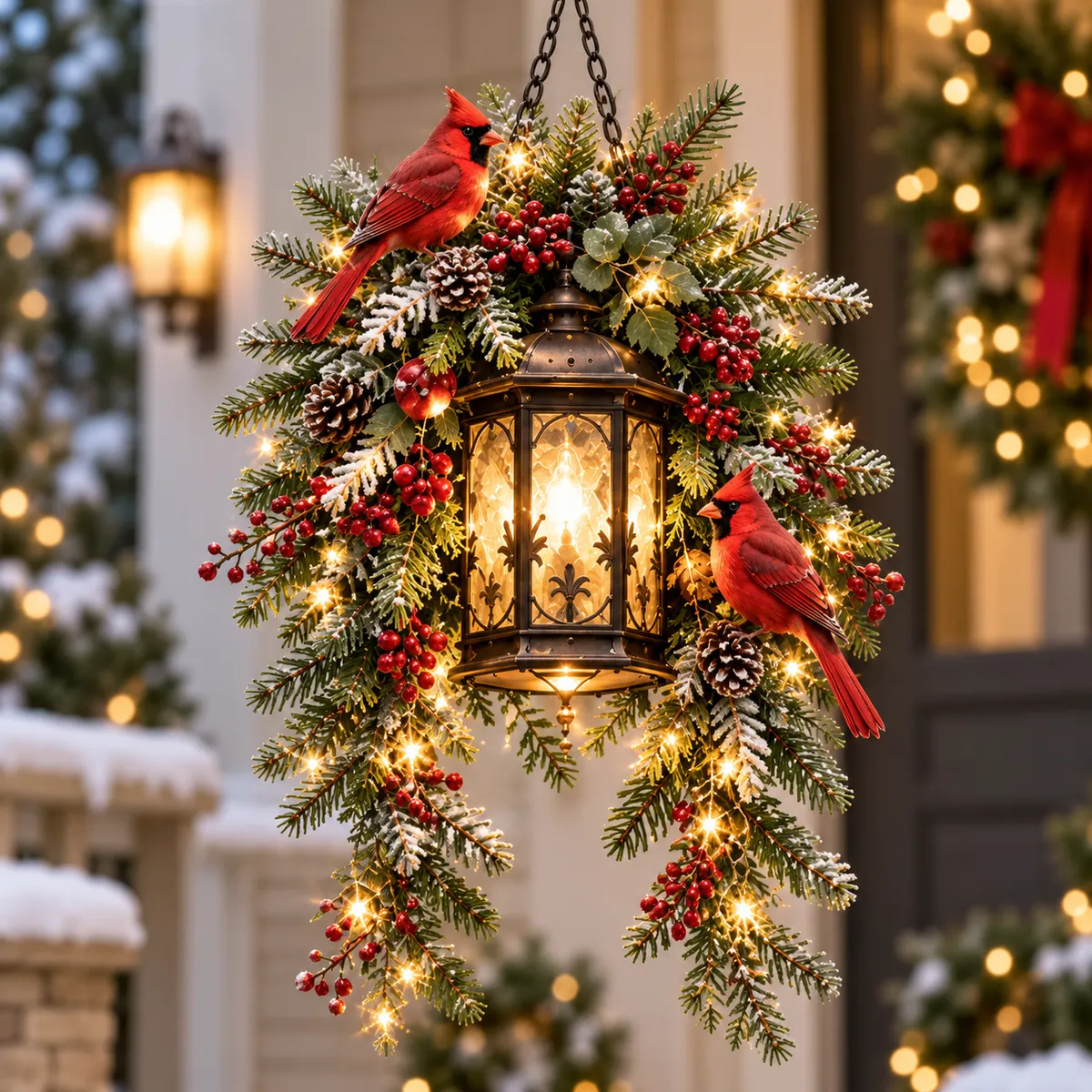 Cardinal Hearth Glow illuminated Christmas hanging lantern