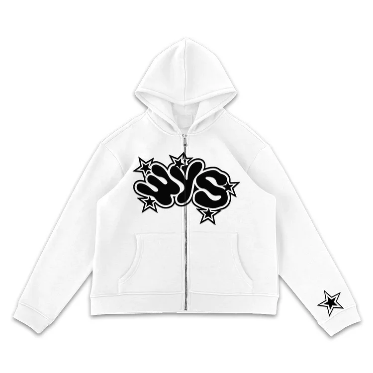 Letter Star Print Jackets Coats Y2K Hip Hop Oversized Zipper Hoodies Loose Sweatshirt at Hiphopee