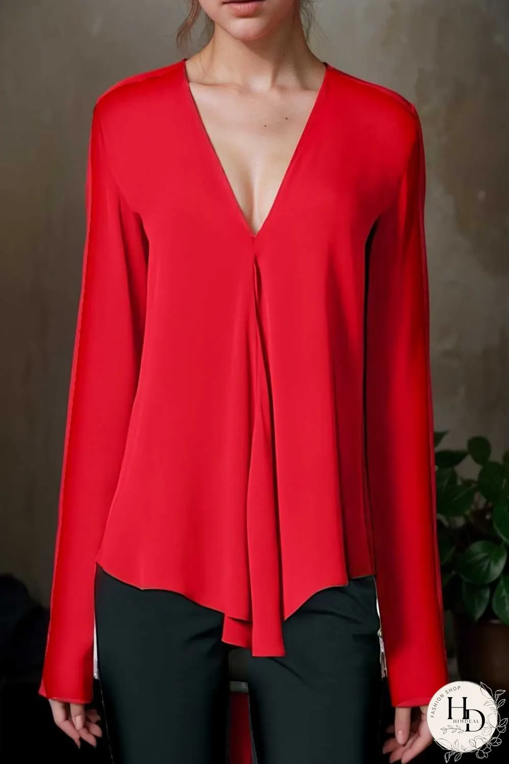 v neck long sleeved chiffon solid blouse drop shoulder closed shirt