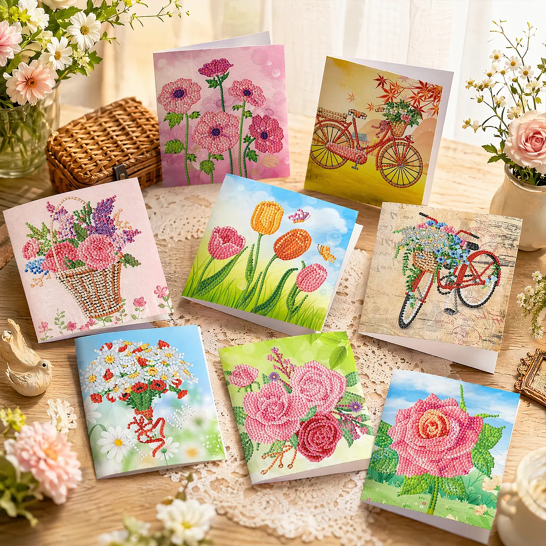 8PCS Flowers DIY Diamond Painting Greeting Card Kits with Envelopes Diamond Art Greeting Cards Diamond Art Cards Kits for Adults DIY Crafts Family Friend Gifts