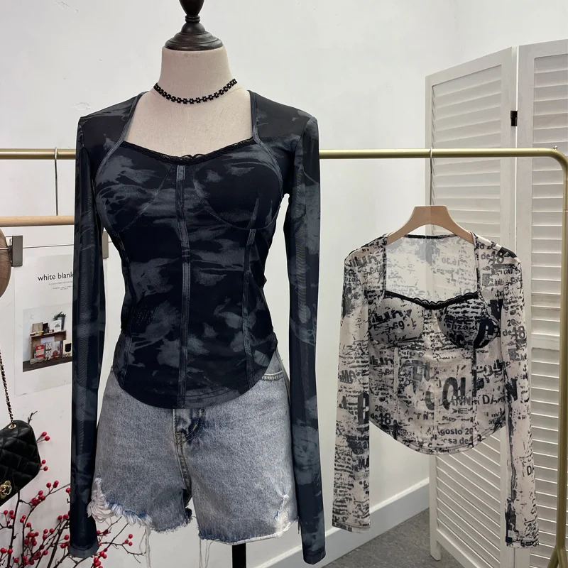 Uveng Quality Explosion Fang Lace Splicing Tie-Dye Mesh Long Sleeve Tight Babes With Chest Pads Short Top 1386