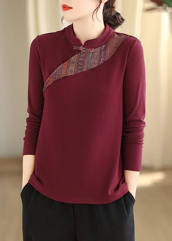 Beautiful Purple Red Stand Collar Button Cotton Blouse Tops Fall