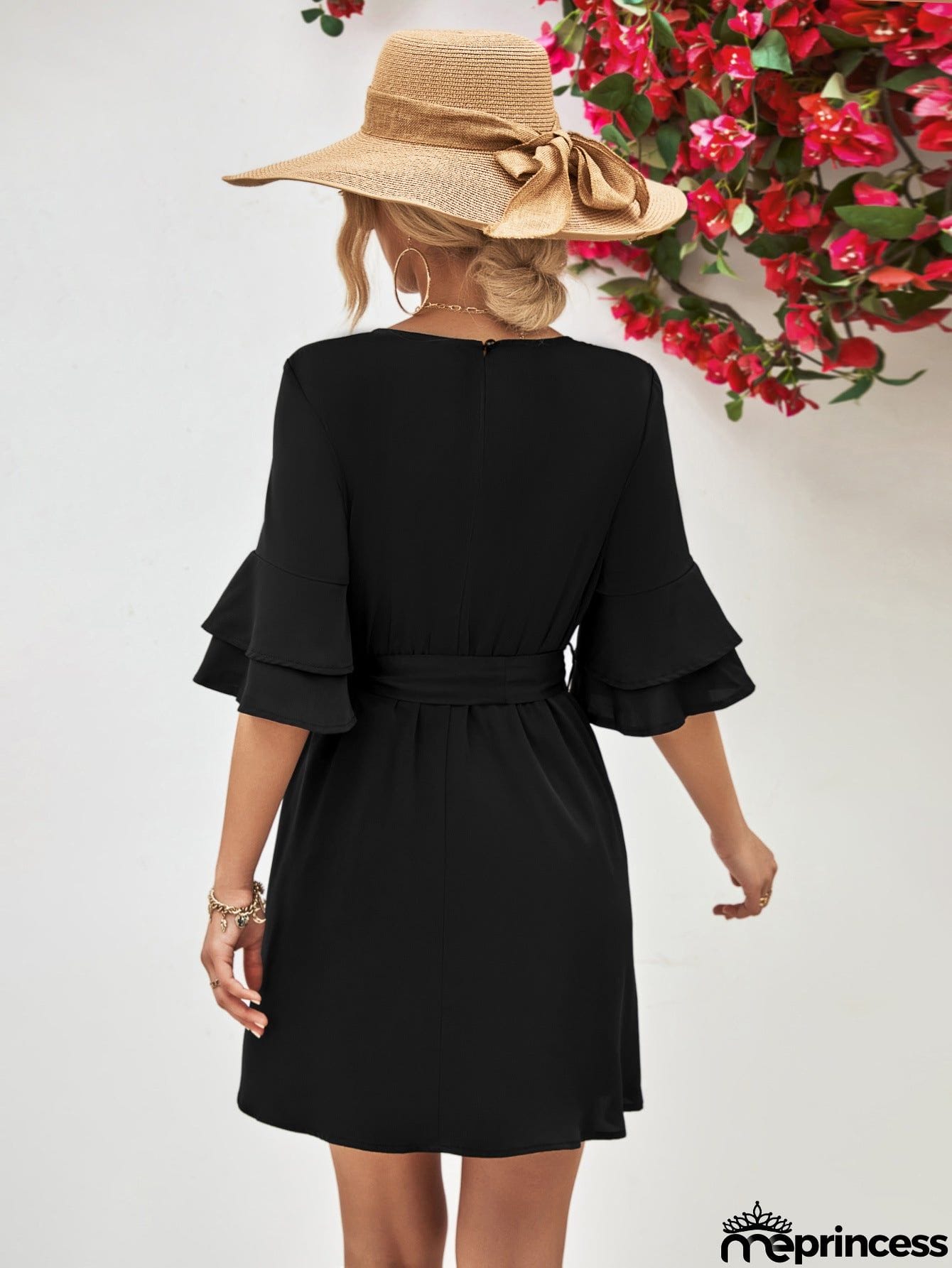 Round Neck Tie Belt Flounce Sleeve Dress