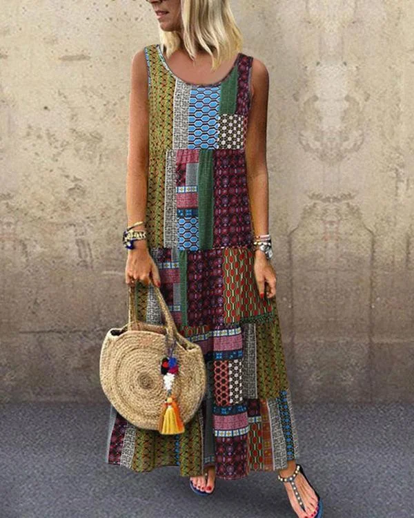 crew neck women dresses shift daytime printed patchwork maxi dress p118720