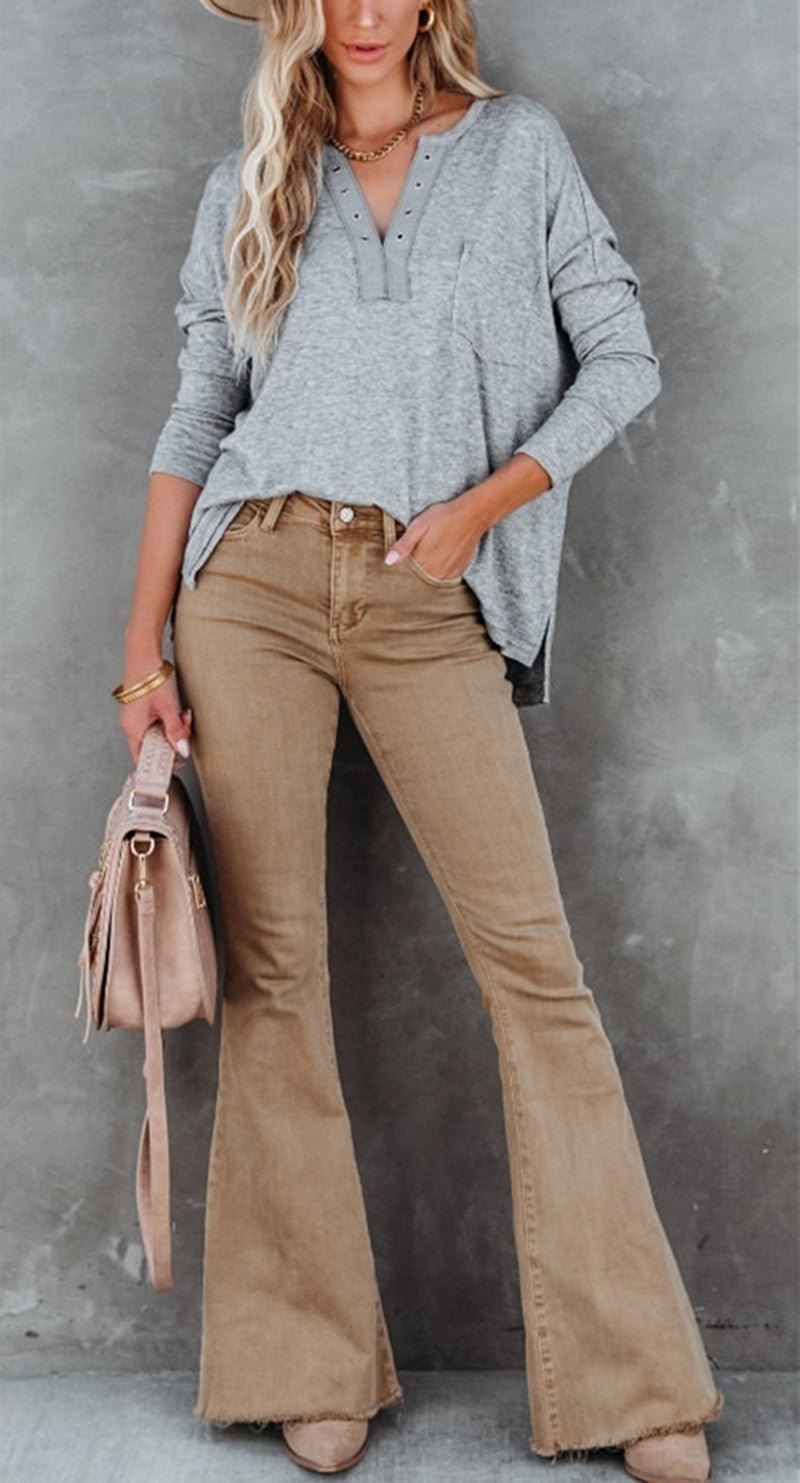 Casual Solid Pullovers V Neck Tops