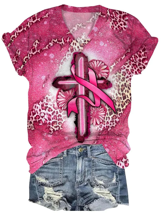 V-Neck Breast Cancer Awareness Leopard Print Floral Cross Print T-Shirt socialshop
