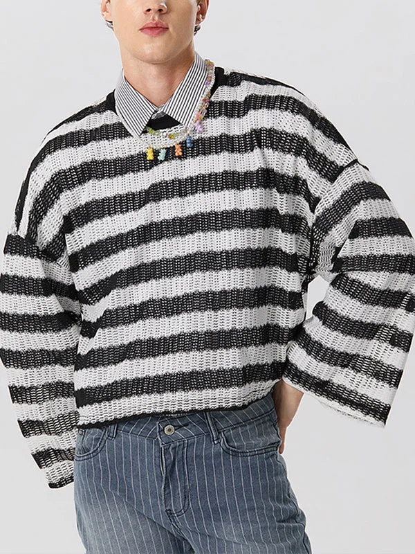 Aonga - Mens Striped Knit Hollow Crew Neck T-Shirt