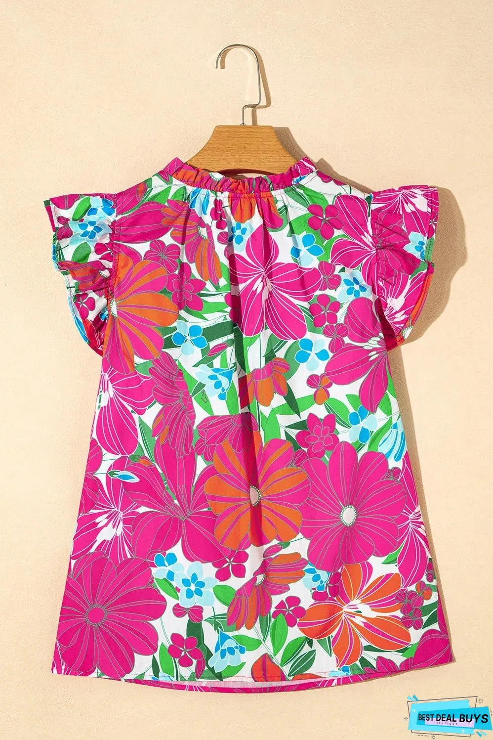 Ruffled Printed Notched Cap Sleeve Blouse