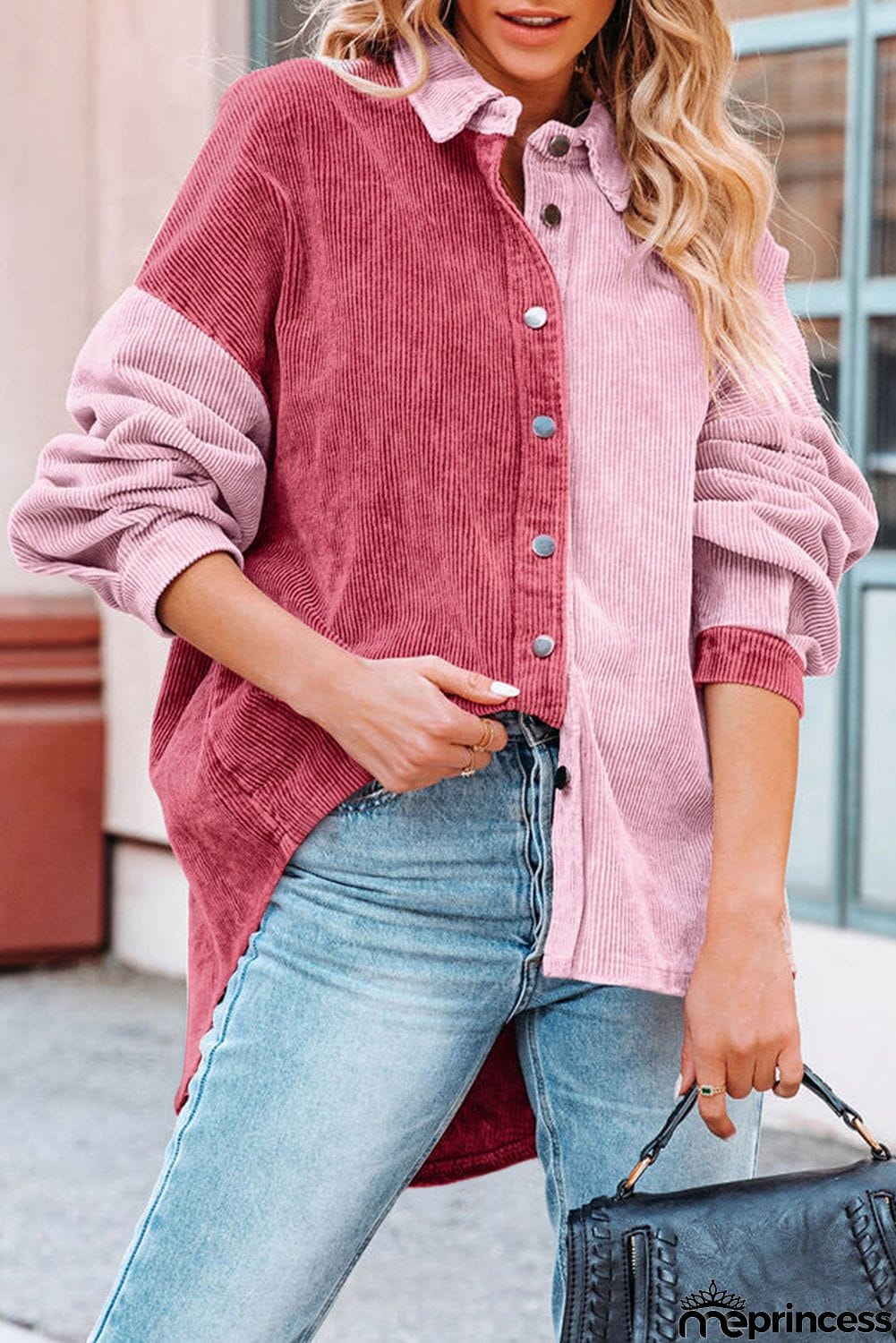 Drop Shoulder Colorblock Corduroy Shacket