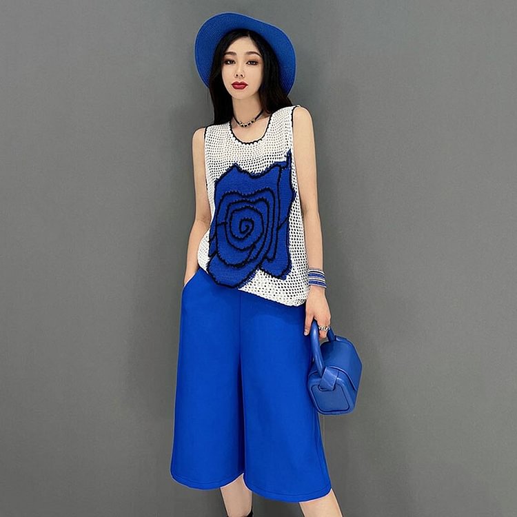 Fashion Loose Flower Patch Mesh Tank And Elastic Waist Shorts Two Pieces Set       