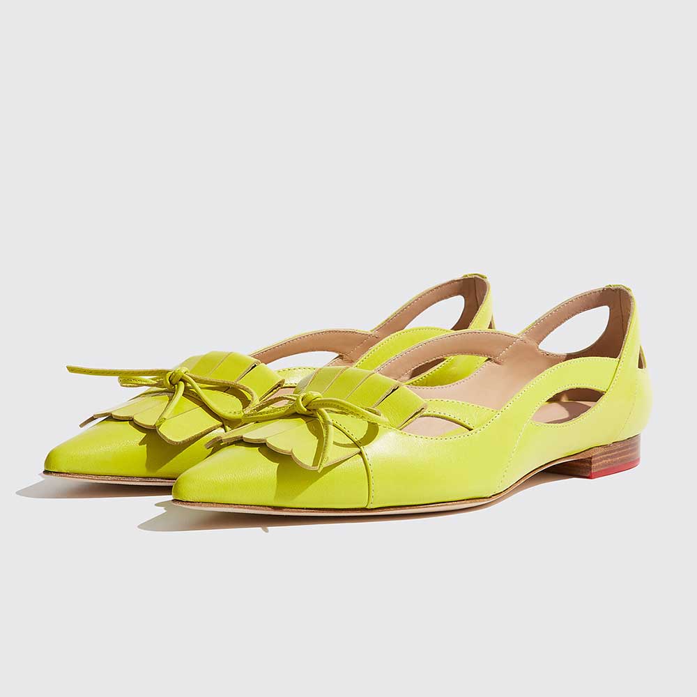 Yellow Pointed Toe Cut-Out Detail Fringe Flat Shoes for Women Nicepairs
