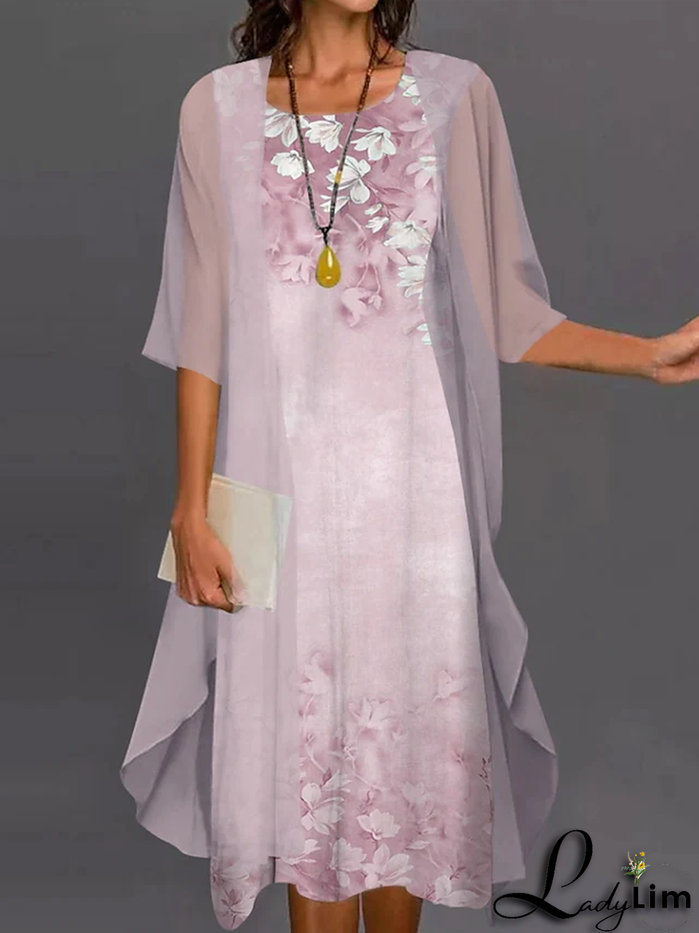 Elegant Floral Long Sleeve Woven Dress Two-piece Midi Dress