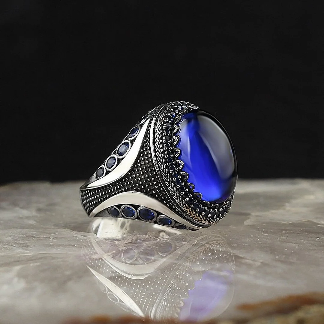 Punk Male Female Crystal Oval Big Ring Classic Silver Color Engagement Ring Dainty Blue Zircon Stone Wedding Rings For Women