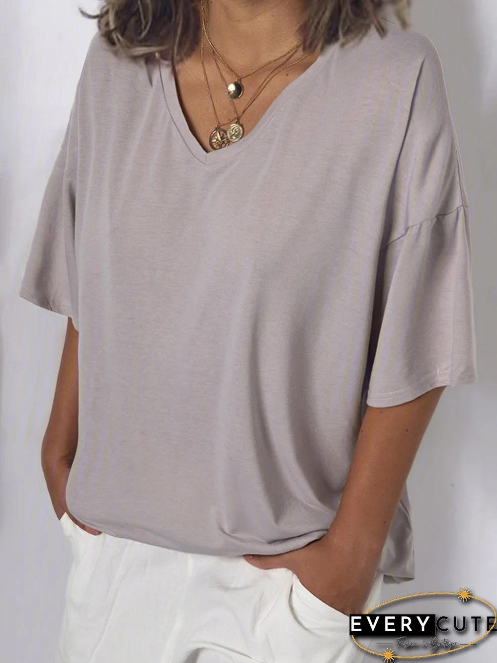 Women V Neck Cotton T Shirt Top Tunic