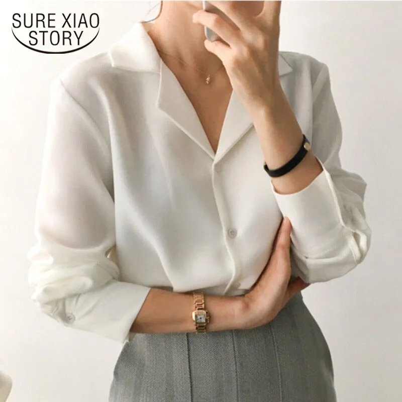 2021 Vintage Solid White Chiffon Blouse Tops Spring Cardigan Women Blouses Long Sleeve Women Shirts Clothes Blusas Mujer 9379 50