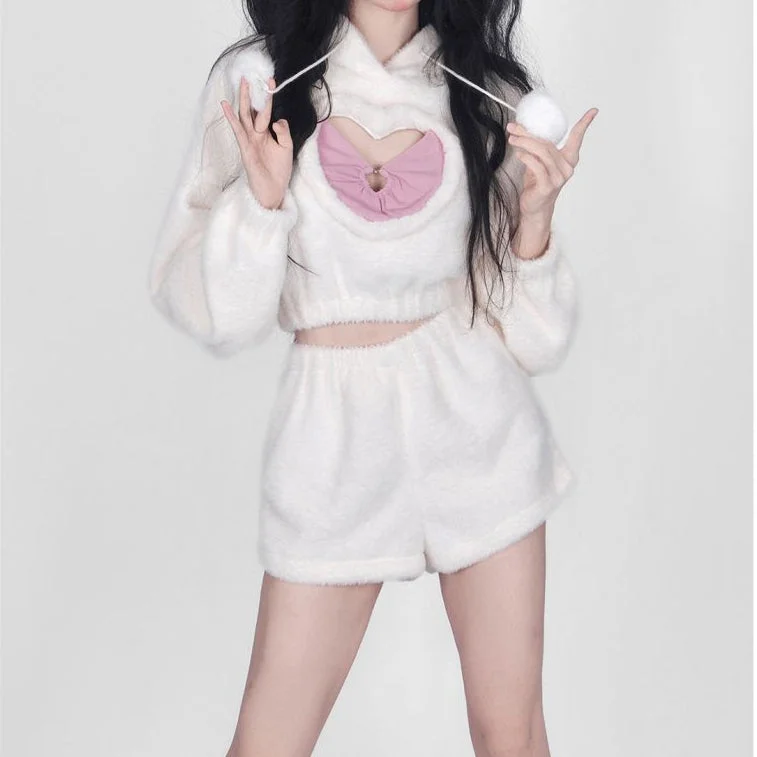 Cute White Hoodie Heart Two Piece Set SP19066