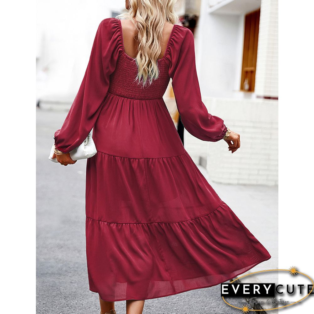 Burgundy Solid Square Neck Pocket Long Sleeve Dress