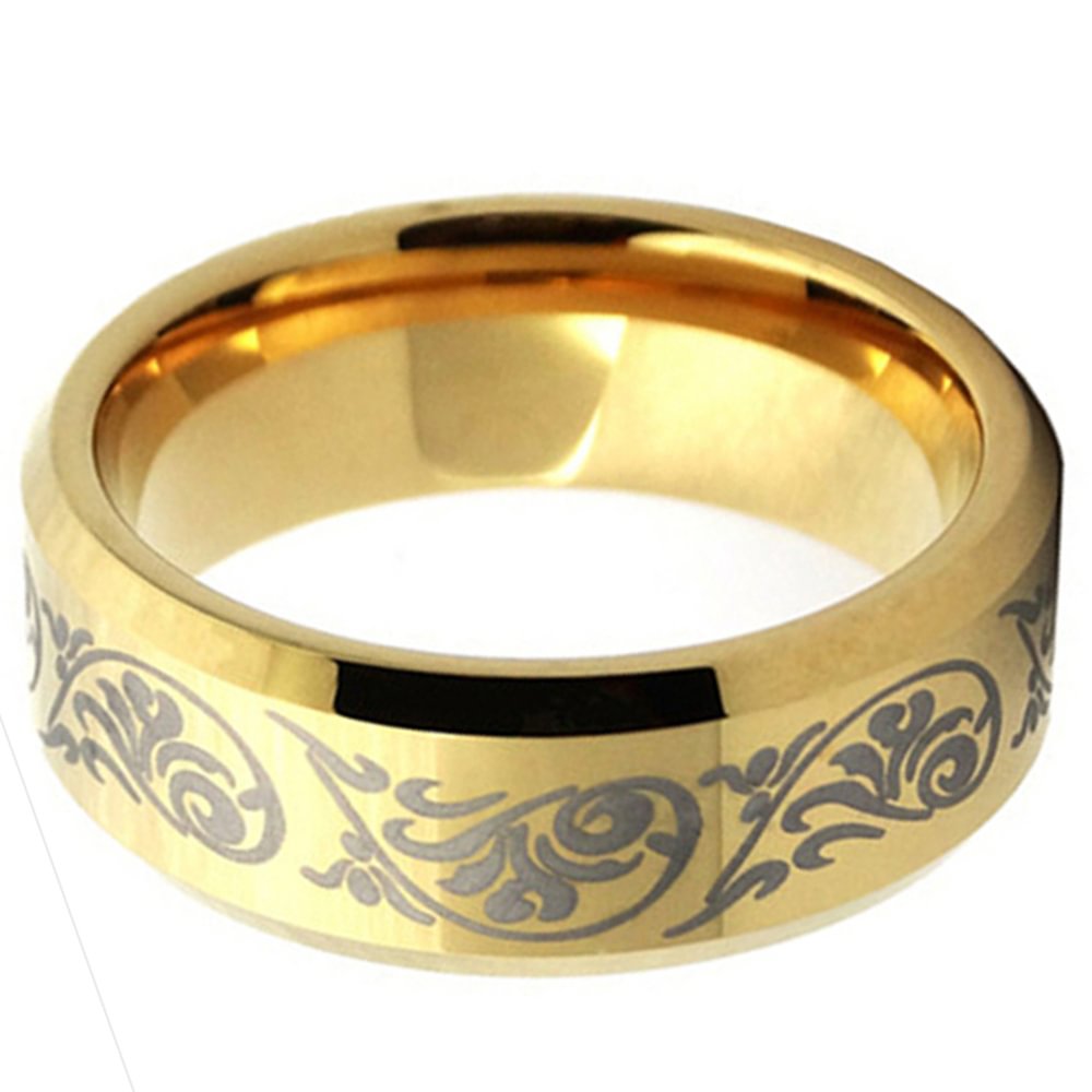 Gold Tungsten Wedding Ring Black Laser Pattern Beveled Edge 8MM Men Jewelry