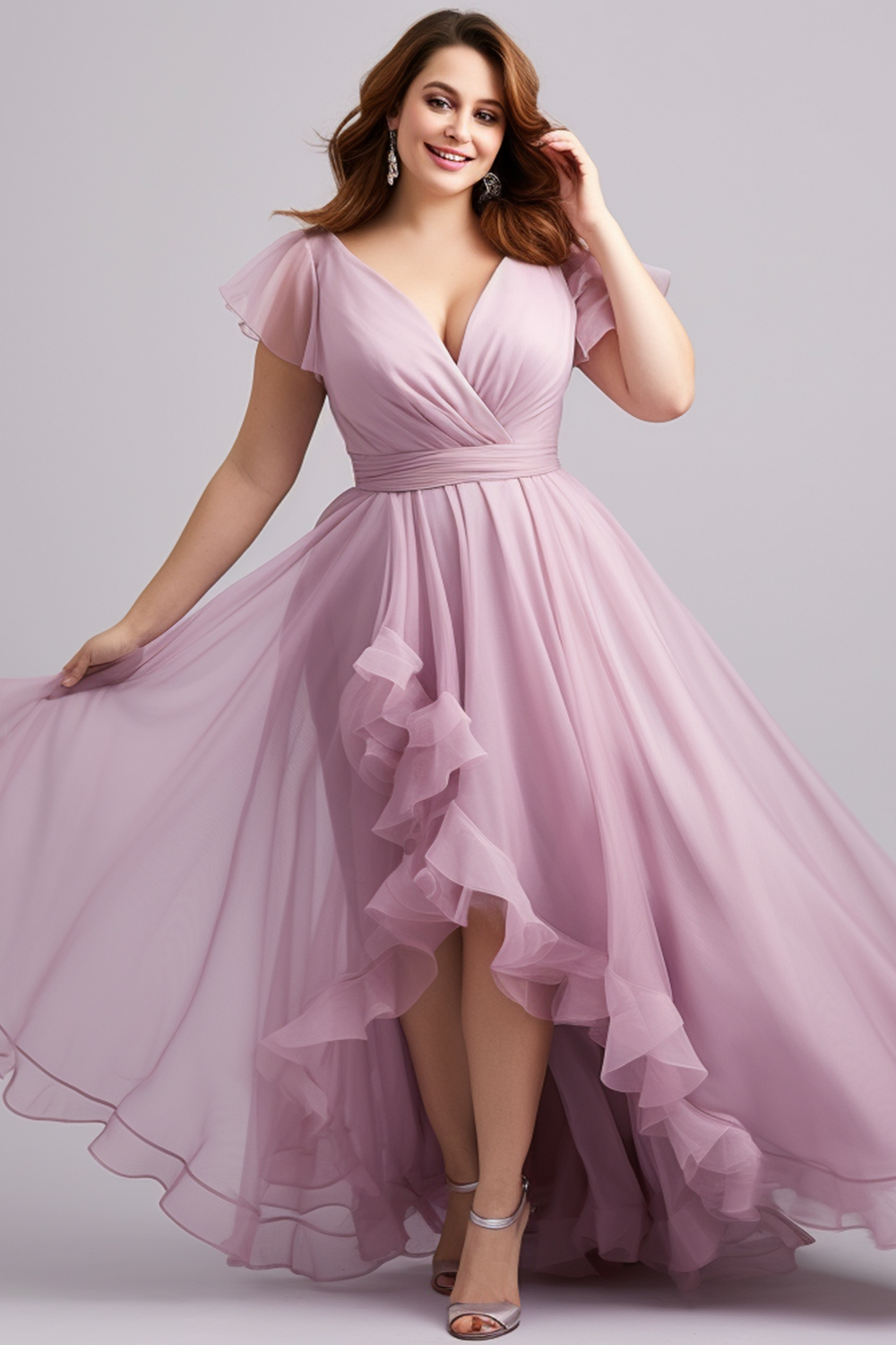 Flycurvy Plus Size Wedding Guest Pink Mesh Wrap Ruffled High Low Hem Maxi Dress 2024 - Flycurvy 