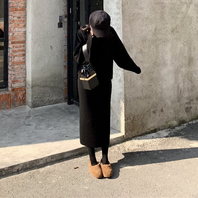 SMTHMA Women Long Sleeve Pullover Sweater And Bodycon Skirt Two Piece Set Office Wear Knitted Outfits Sweater Skirt Suit