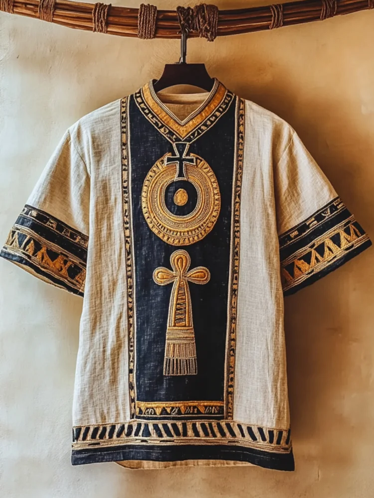 Men's Ancient Egyptian Egyptian Tribal Embroidered Contrast Linen Shirt / Rvogue / Rvogue