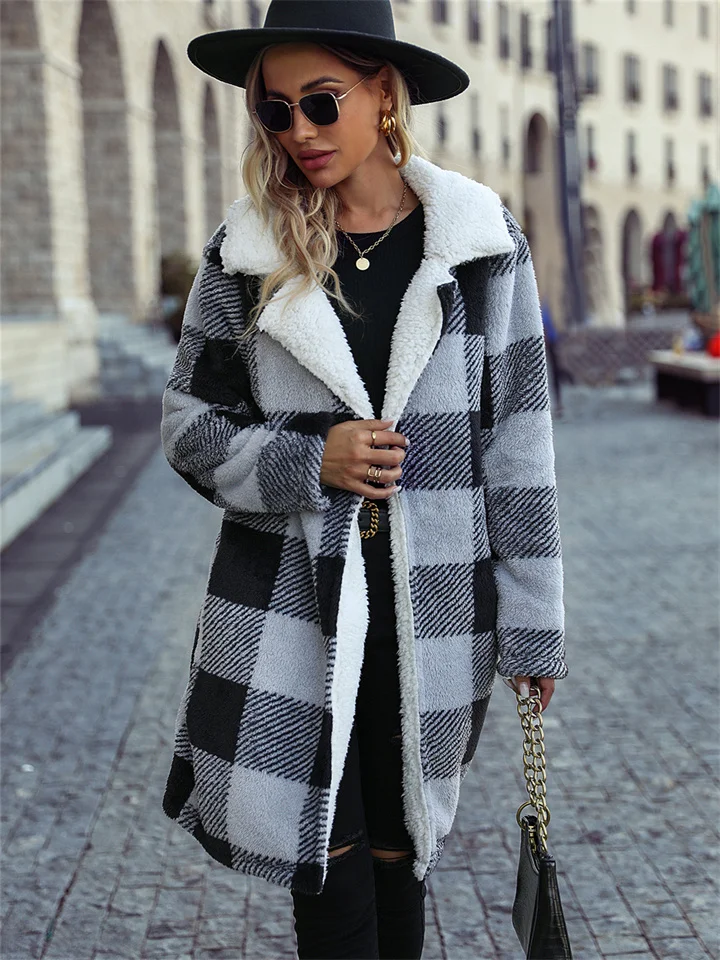 Autumn Women's Lapel Long Sleeve Buttonless Plaid Long Loose Cardigan Reversible Casual Jacket-Cosfine