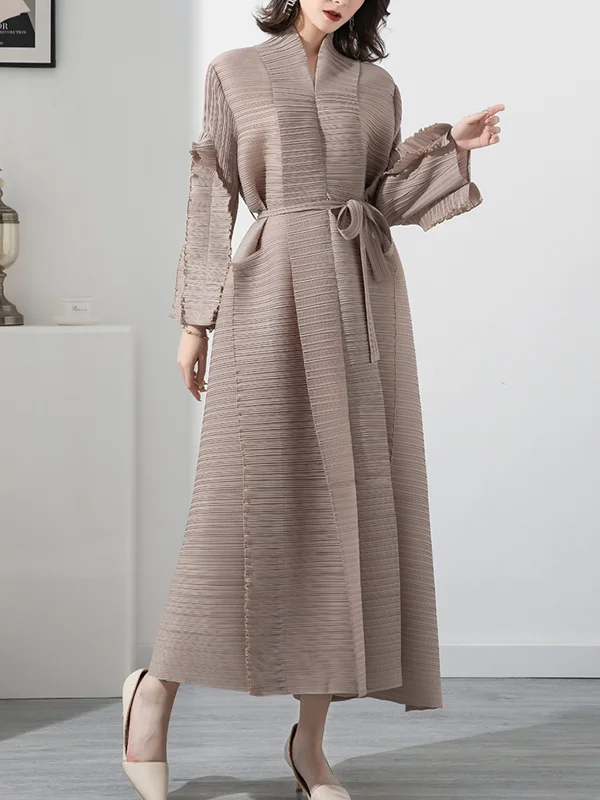 Casual Long Sleeves Loose Tied Pleated Stand Collar Midi Dresses