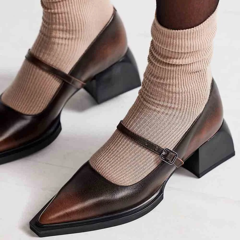 Dark Brown Pointed Toe Chunky Heels Mary Jane Shoes for Women Nicepairs
