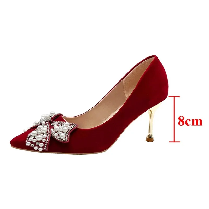 Zhungei Sexy Red Velvet Wedding Shoes for Women 2024 Luxury Pearl Bowknot Pointed Toe Pumps Woman Stiletto High Heels Dress Shoes