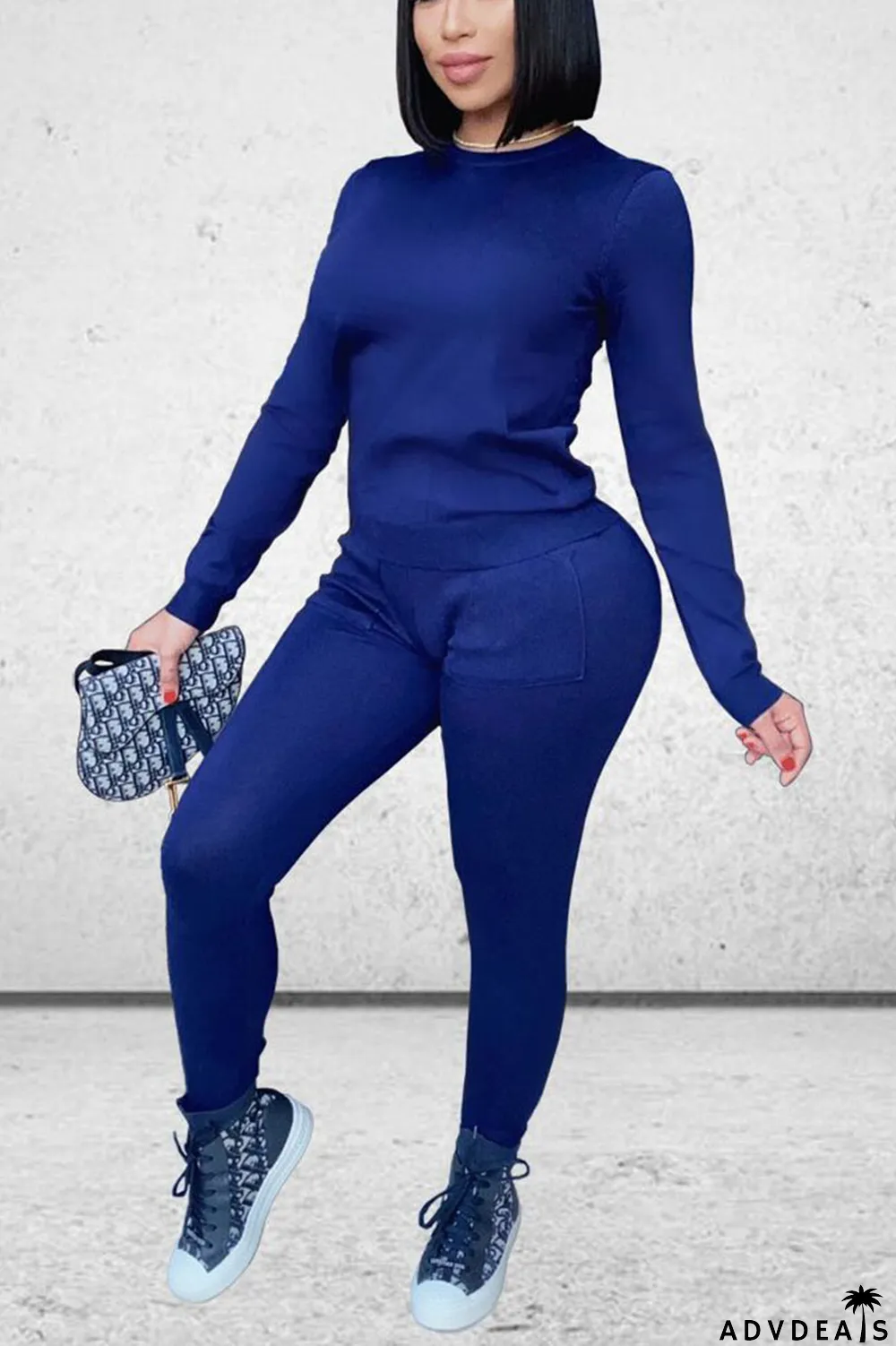 Royal blue Daily Solid Split Joint Pocket O Neck Long Sleeve Regular Sleeve Regular Two Pieces