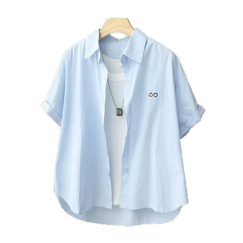 Athvotar Athvotar Korean Version Of Casual Smiley Face Embroidered Short-Sleeved Shirt Women 2025 Spring And Summer New Small Plaid Short Top