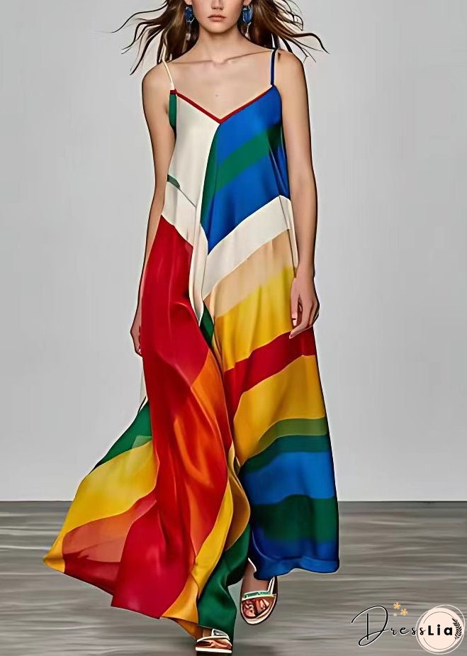 Stylish Photo Color V Neck Print Silk Spaghetti Strap Dress Sleeveless