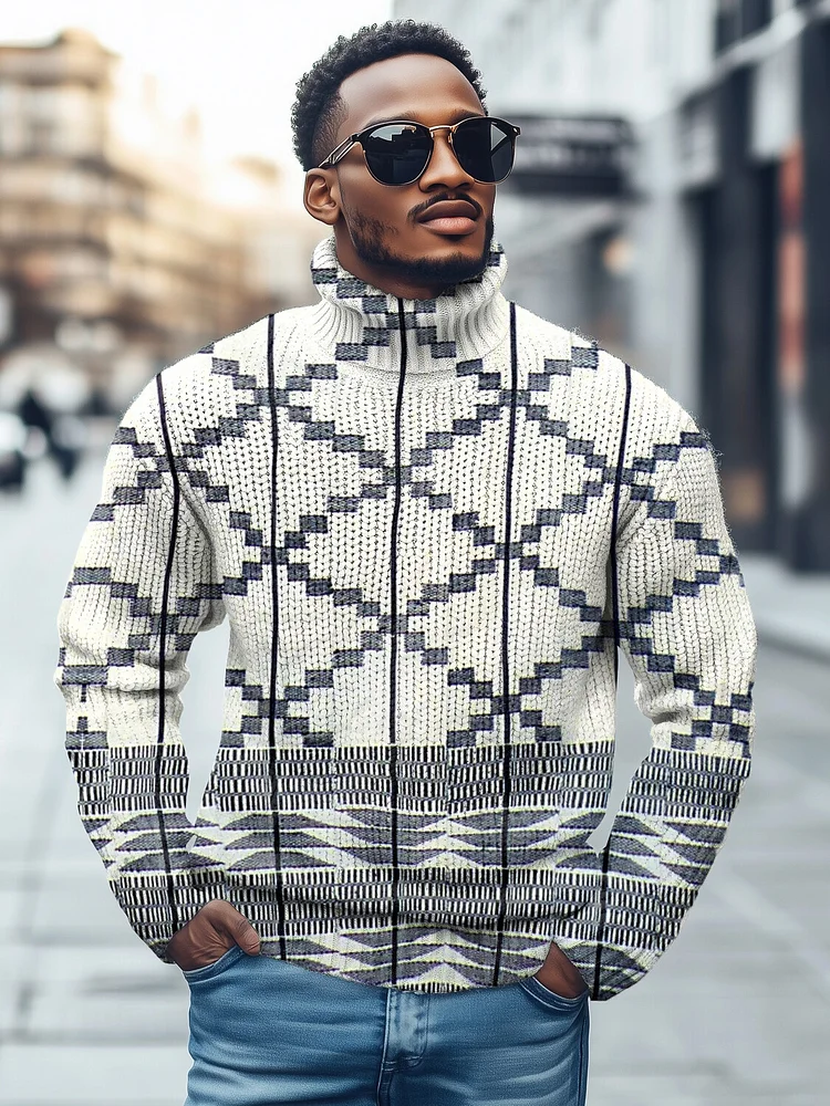 Men's Retro Tribe Geometric Pattern Print High Neck Knit Sweatshirt