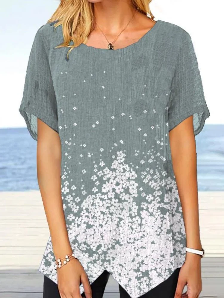 Casual Short Sleeve Floral Slit Tunic