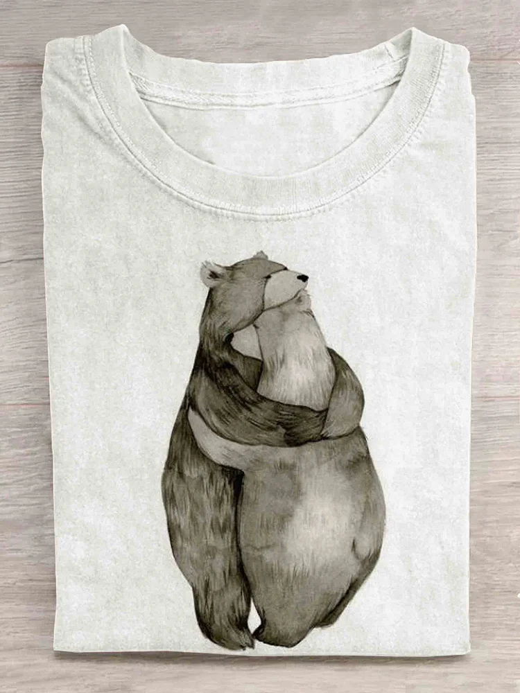 Bear Art Print Casual Sports T-shirt Hugging Each Other