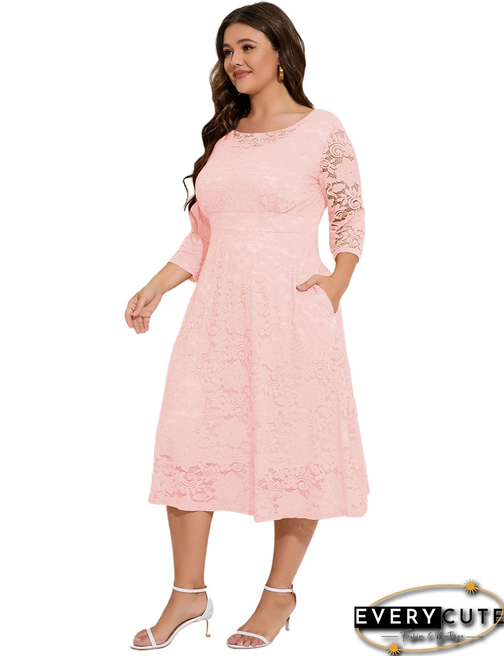 Pink Hollow-out Pocketed Lace Plus Size Dress