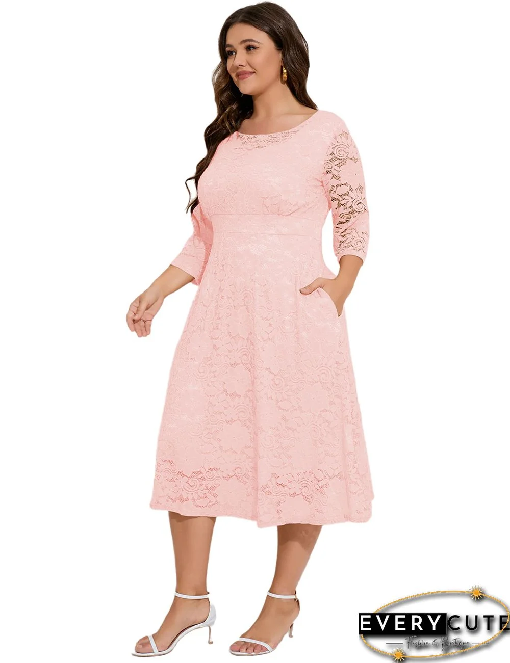 Pink Hollow-out Pocketed Lace Plus Size Dress