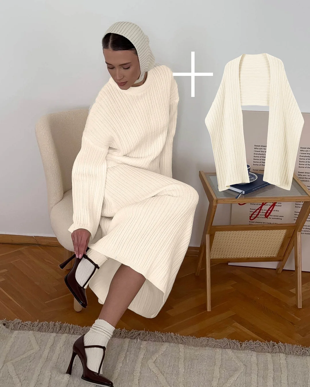 Athvotar Athvotar And Winter Pure Color Round Collar Jersey Sweater Set Of Women's Loose Knitted Sweater Broad Leg Trousers Scarf Three Sets